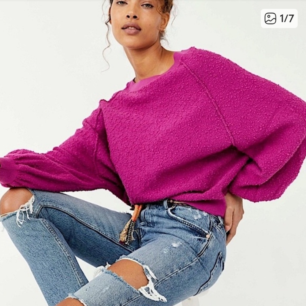Free People Vibrant Pink Crew Neck Sweater